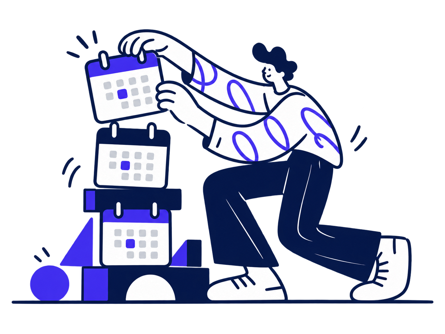 Person stacking calendar dates, building an event schedule
